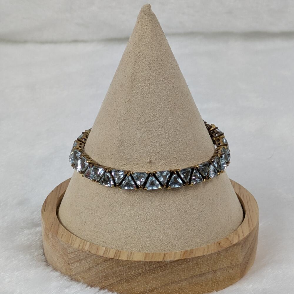 Lab Blue Topaz Trillion Cut Tennis Bracelet 7" S925 10K Gold Vermeil RF Signed